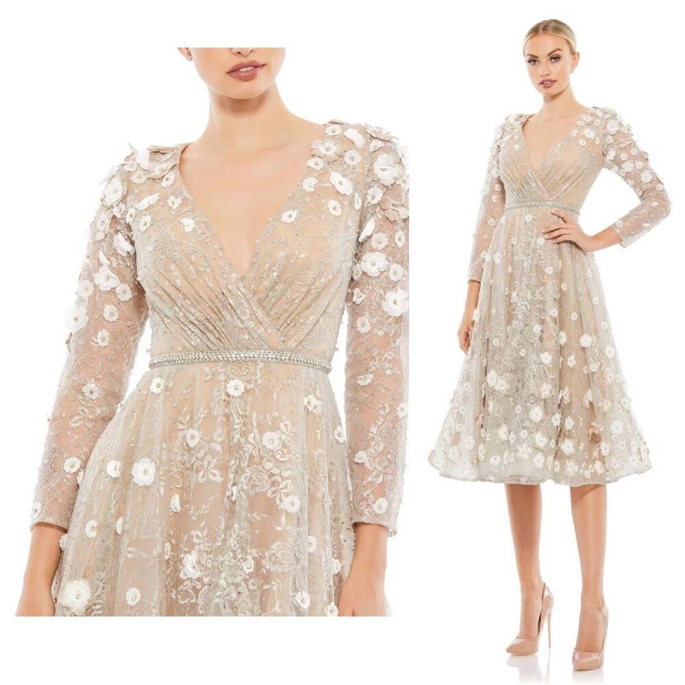 Mac Duggal 67387 Beige Blush Floral Embellished Lace Flare Cocktail Dress 6 $538